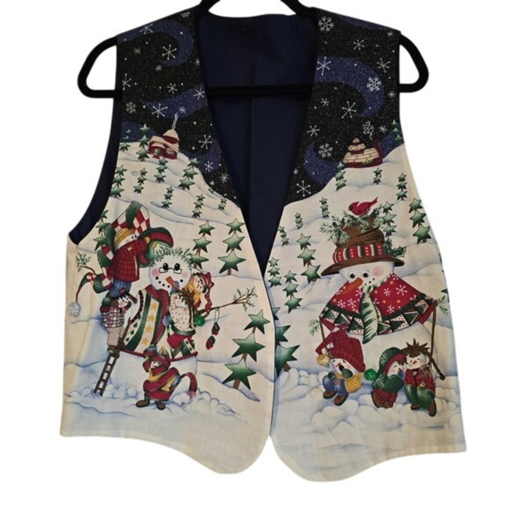 😀Homemade Holiday Snowman‎ Vest Women's Novelty Christmas Winter Quilted Blue L